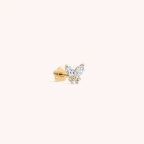 14K Solid Gold Single Mini Sparkle Butterfly Flat Back Earring