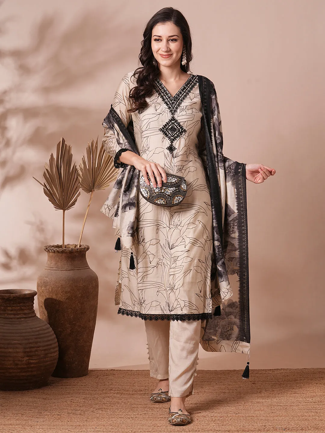 Abstract Floral Foil Printed & Embroidered Straight Fit Kurta with Pant and Dupatta - Cream