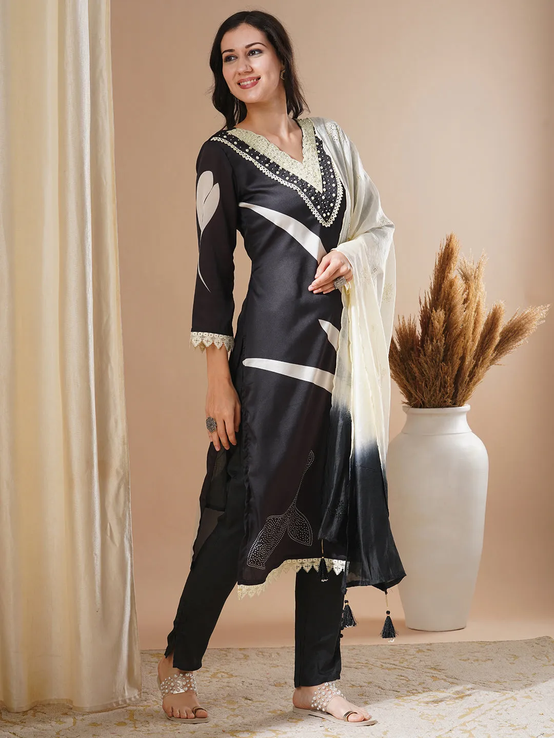 Abstract Floral Printed & Embroidered Straight Fit Kurta with Pant & Dupatta - Black