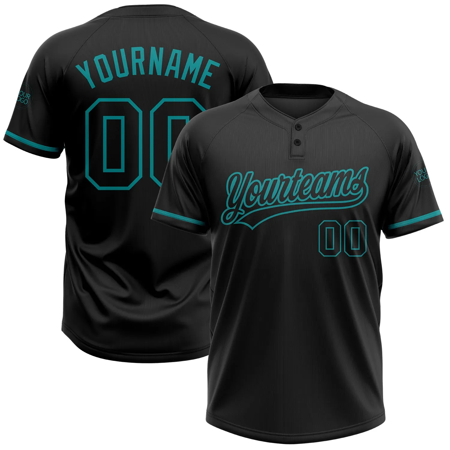 Custom Black Black-Teal Two-Button Unisex Softball Jersey