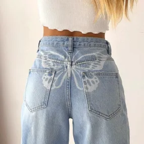 DressBetty - Butterfly Print Casual Jeans Woman High Waist Denim Pants