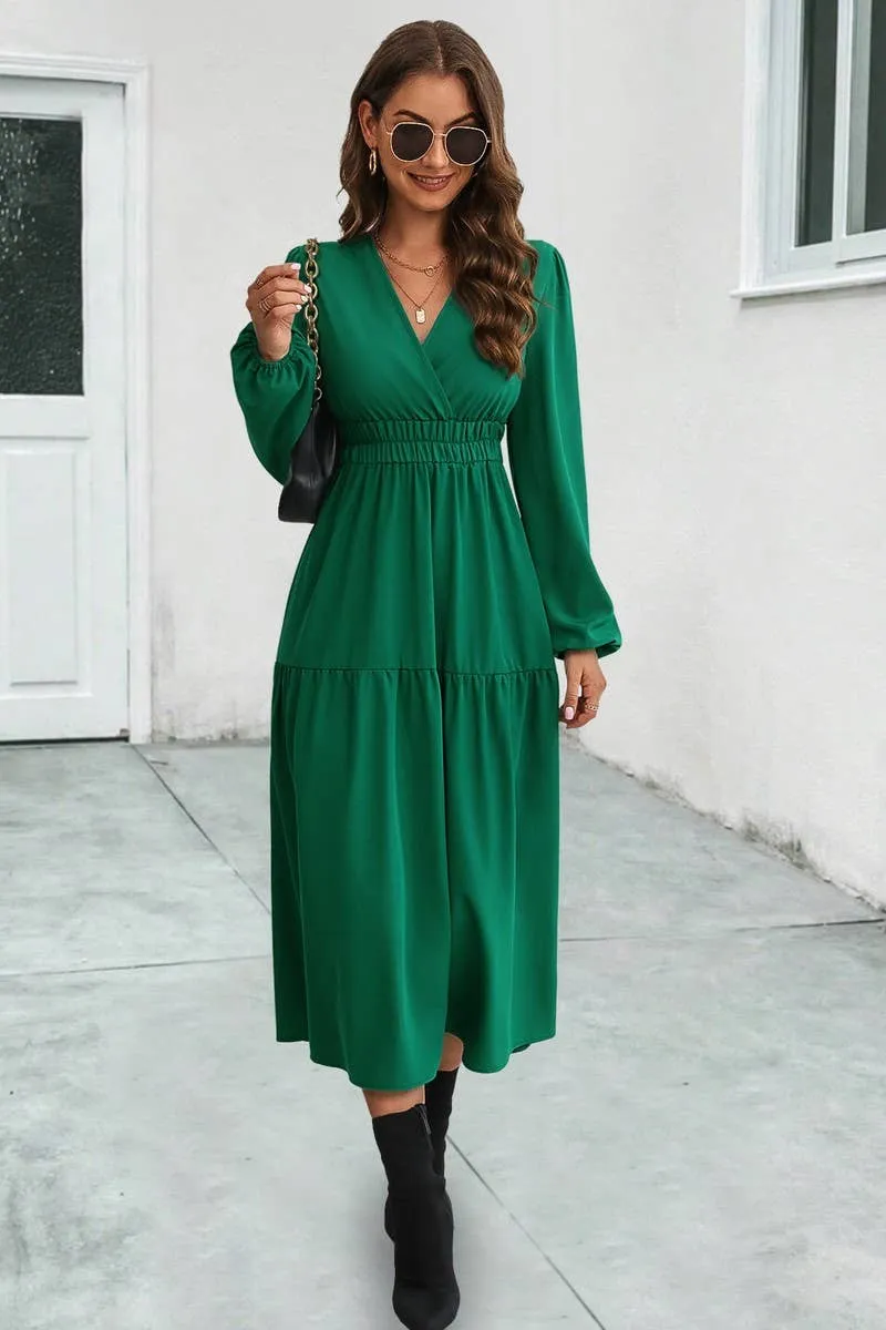 Elastic Waist V-Neck Long Sleeve Maxi Dress