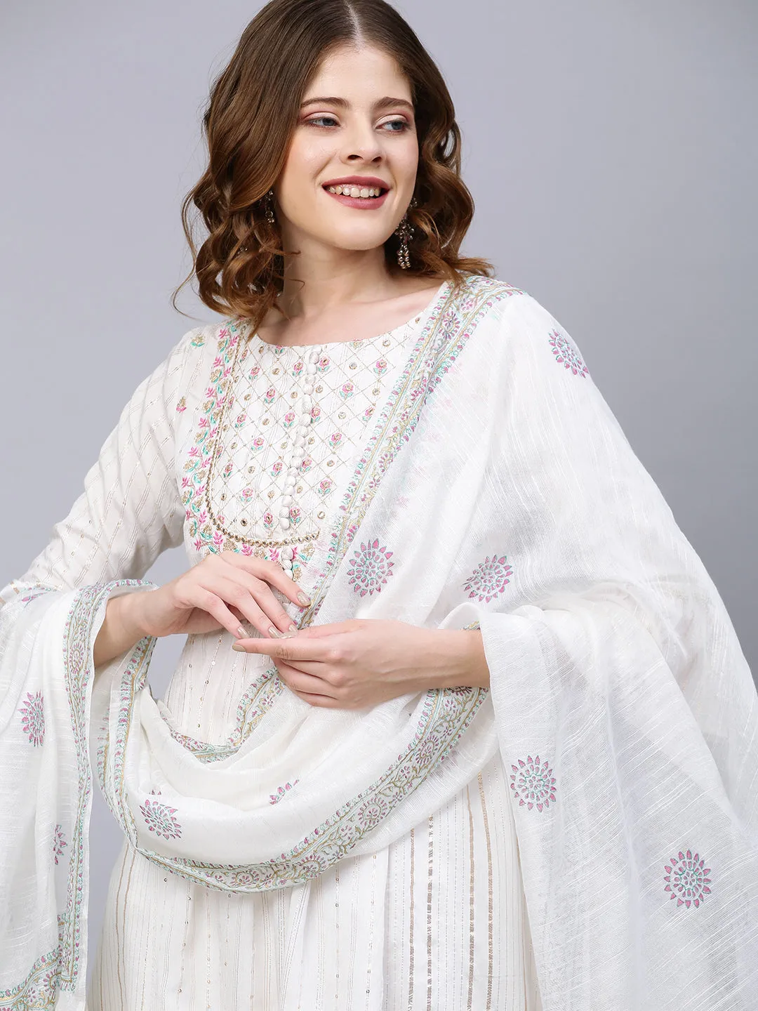 Ethnic Embroidered A-Line Flared Kurta with Pants and Dupatta - White