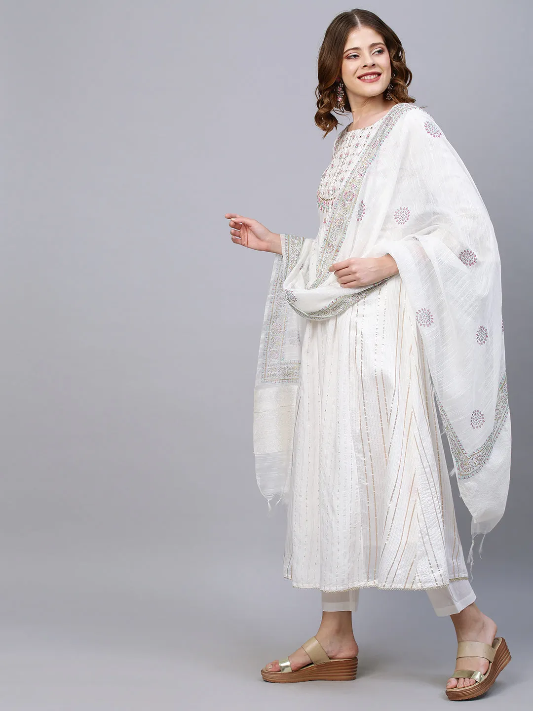 Ethnic Embroidered A-Line Flared Kurta with Pants and Dupatta - White