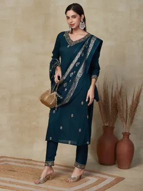 Ethnic Embroidered Straight Fit Kurta with Pant & Dupatta - Teal Green