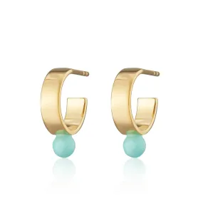 Gold Plated Wide Huggie Earrings with Turquoise Dot