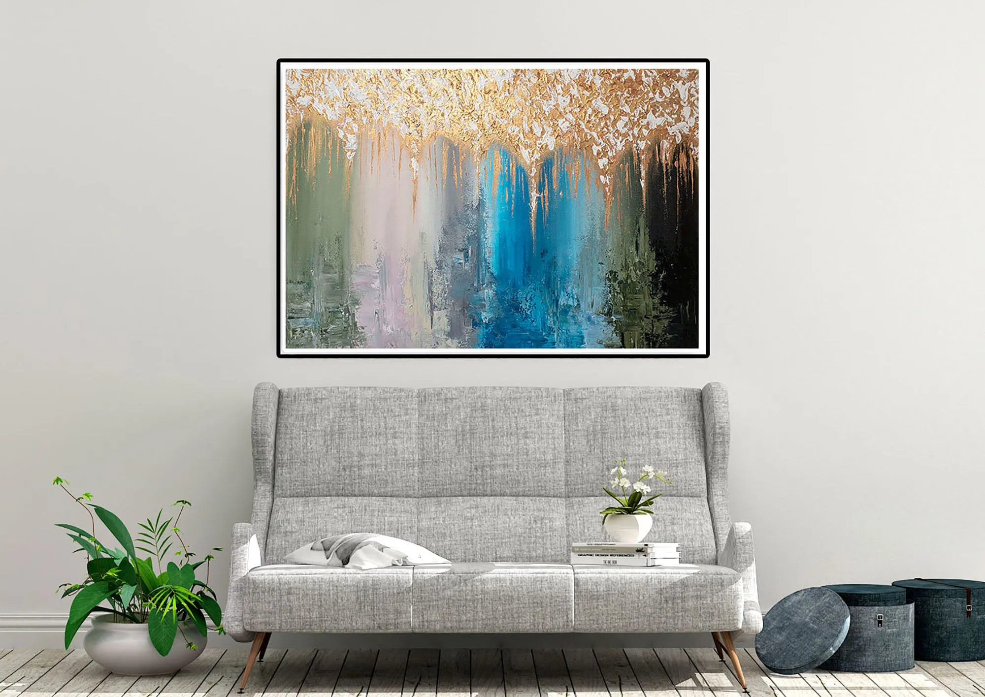 Gold White Blue Abstract Painting Home Decor Modern Fp096