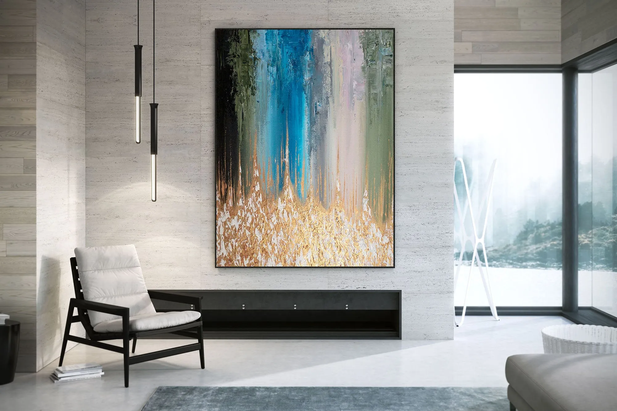 Gold White Blue Abstract Painting Home Decor Modern Fp096