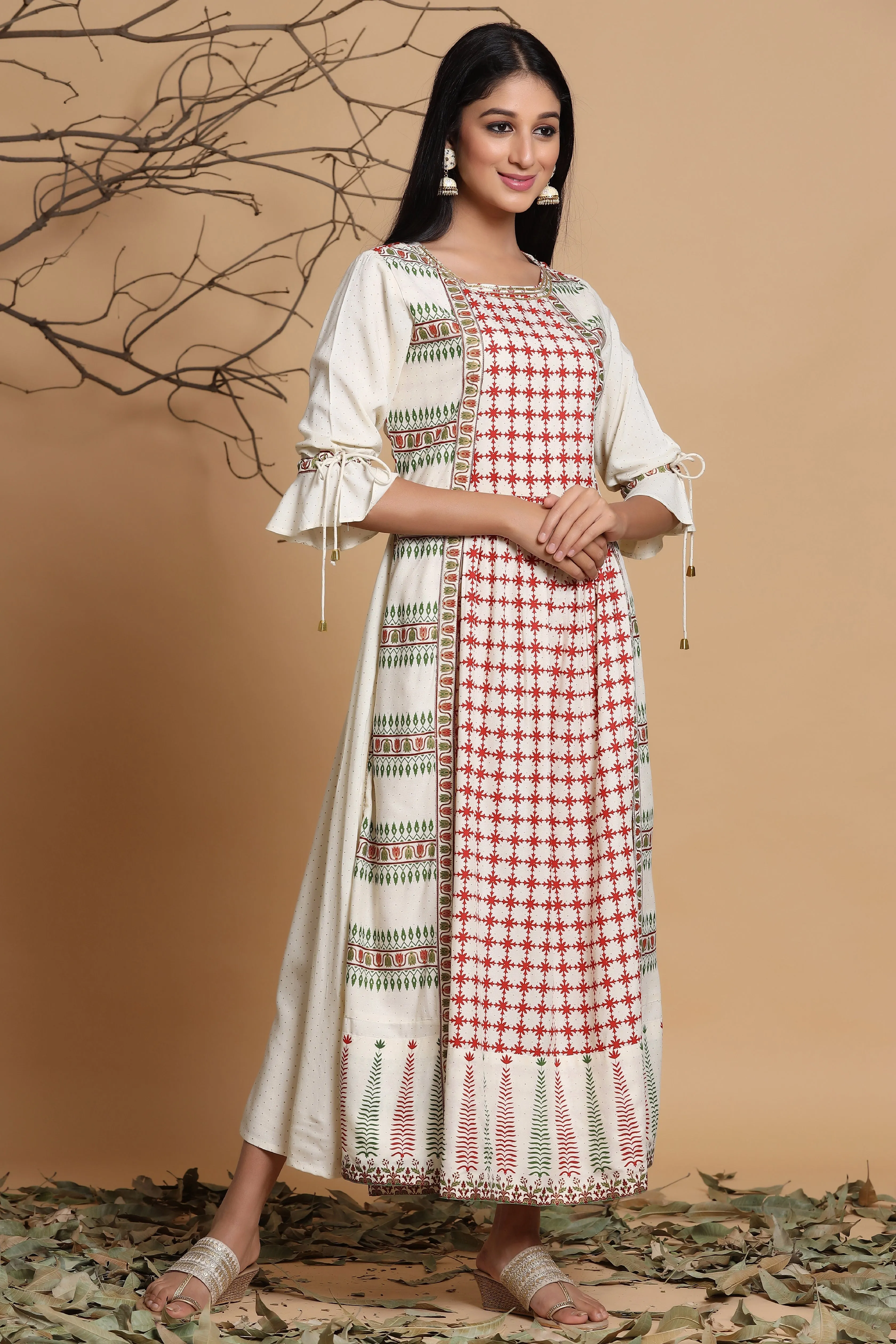 Juniper Ivory Ethnic Motif Printed Rayon Dress &  Dori Tie-Up With Tassels On Sleeves