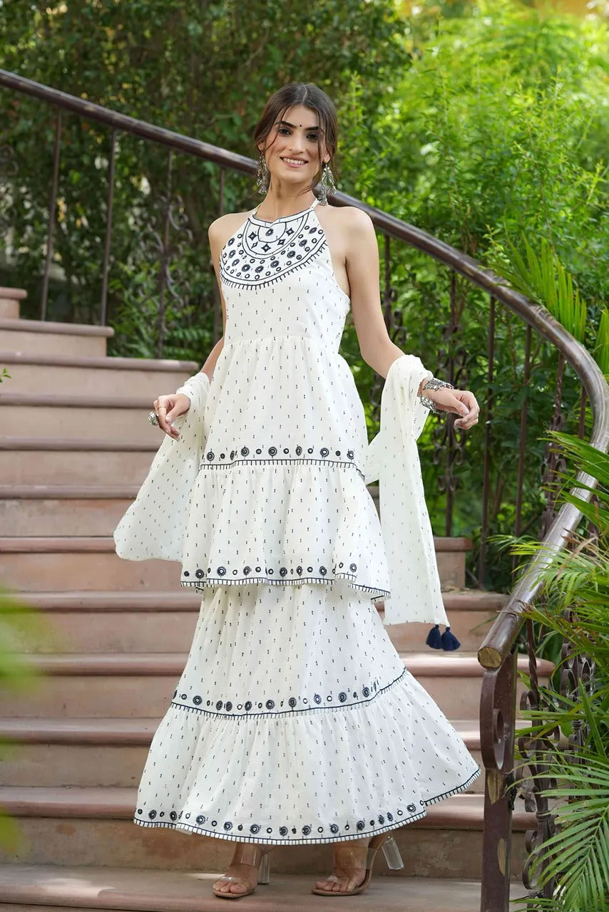 Juniper Off-White Cotton Dobby Kurta Skirt & Dupatta Set With Thread & Mirror Work Embroidery