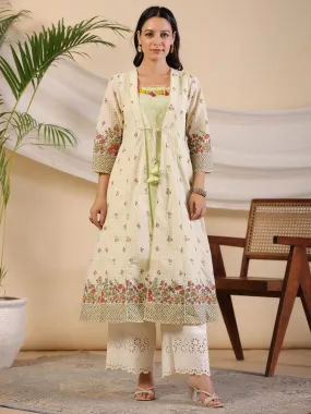 Juniper  Pure Cotton Lime Green Floral Lacy Kurta & Jacket With Kantha Work & Contrast Tassel Coin