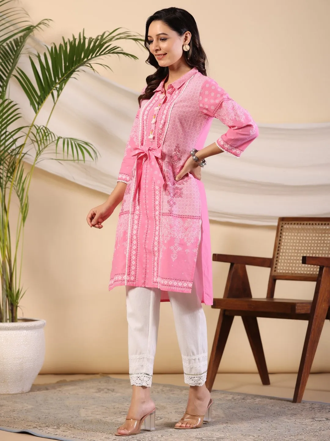 Juniper The Dhara Tie-Up Pink Geometric Printed Cotton Fusion Kurta With Contest 3D Beadwork & Tassels