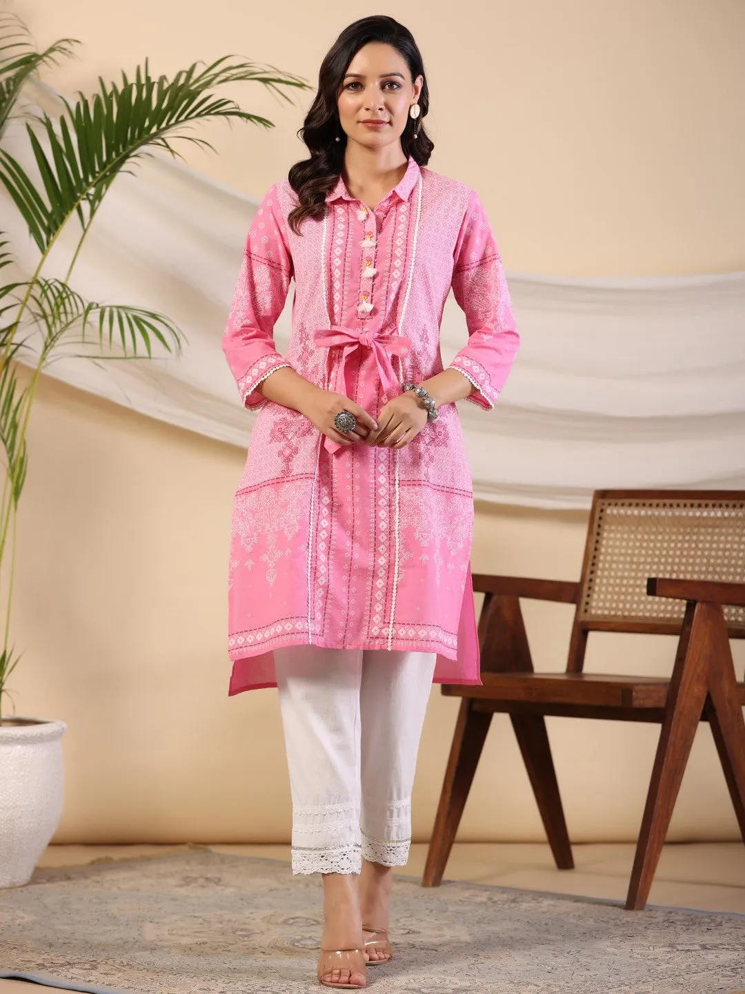 Juniper The Dhara Tie-Up Pink Geometric Printed Cotton Fusion Kurta With Contest 3D Beadwork & Tassels