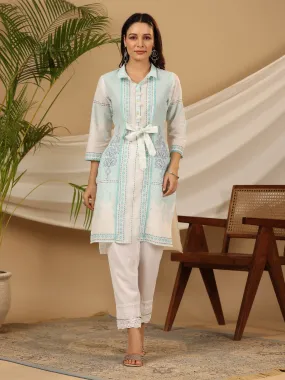 Juniper The Dhara Tie-Up Sky Blue Geometric Printed Cotton Fusion Kurta With Contest 3D Beadwork & Tassels