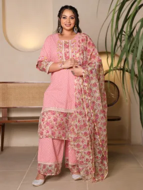 Juniper The Madhuabala Pink Floral Printed & Laced Pure Cotton Plus Size Kurta Palazzo & Dupatta Set With Printed Kota Doria Dupatta