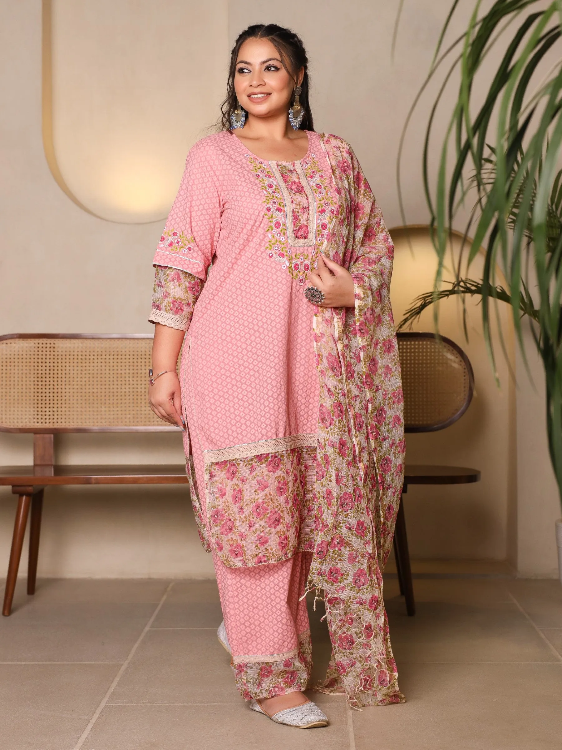 Juniper The Madhuabala Pink Floral Printed & Laced Pure Cotton Plus Size Kurta Palazzo & Dupatta Set With Printed Kota Doria Dupatta