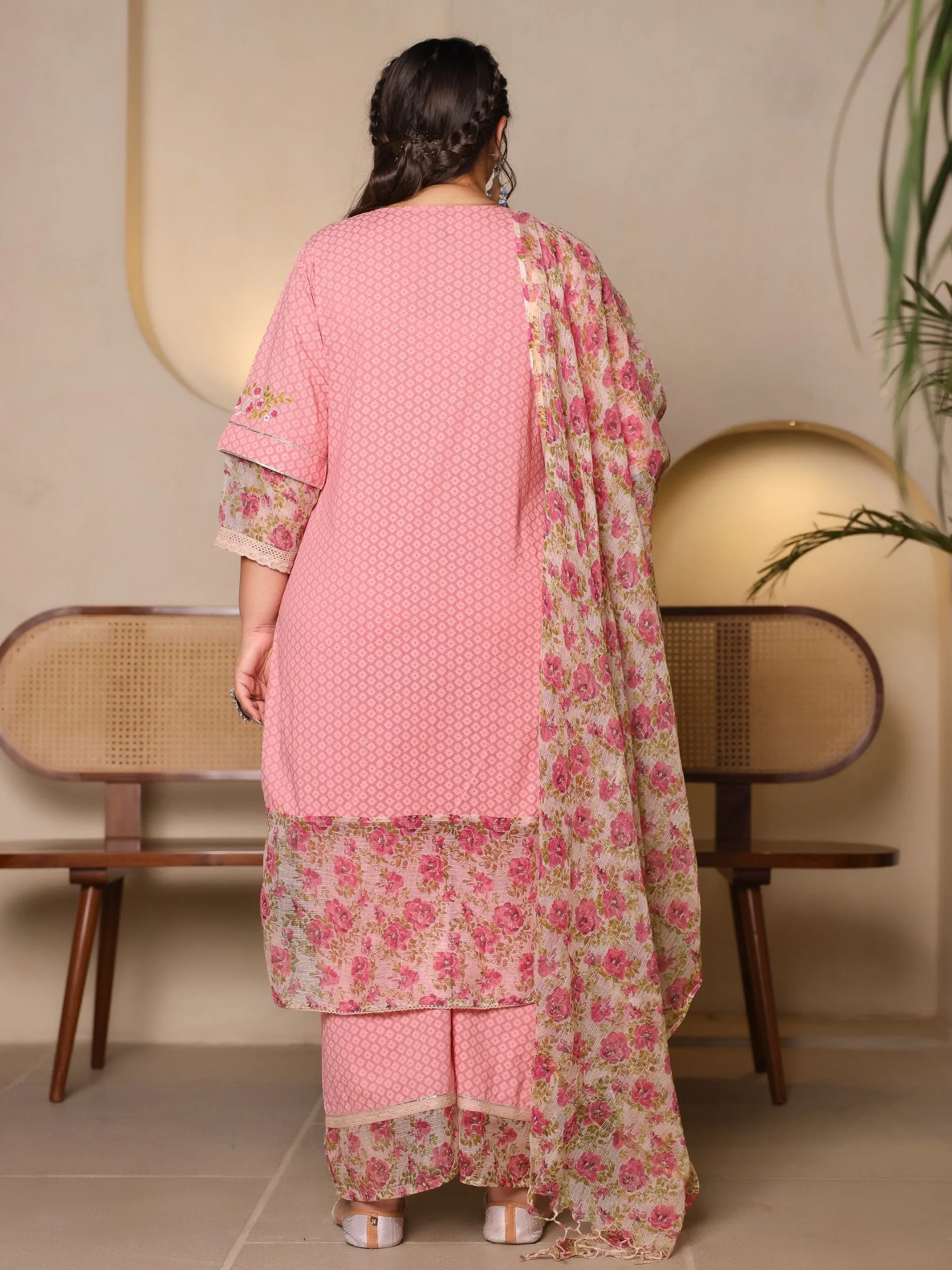 Juniper The Madhuabala Pink Floral Printed & Laced Pure Cotton Plus Size Kurta Palazzo & Dupatta Set With Printed Kota Doria Dupatta