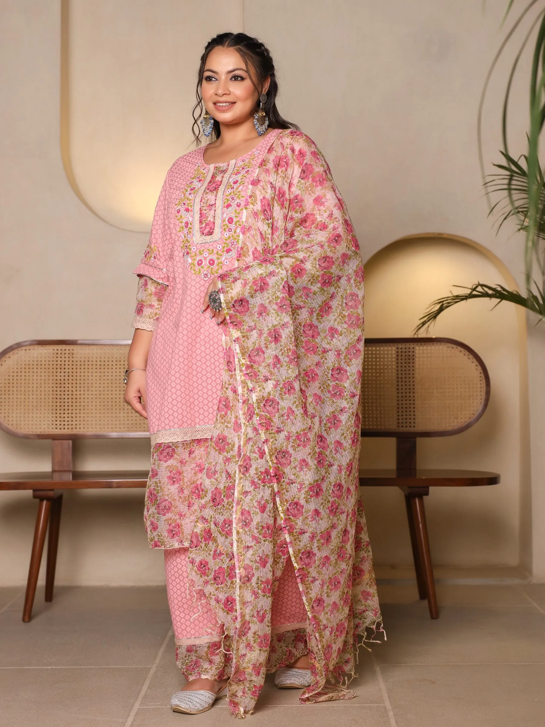 Juniper The Madhuabala Pink Floral Printed & Laced Pure Cotton Plus Size Kurta Palazzo & Dupatta Set With Printed Kota Doria Dupatta