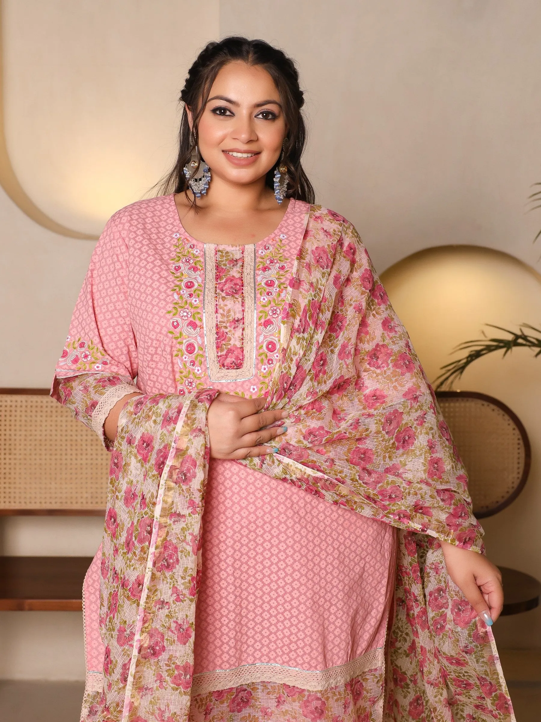 Juniper The Madhuabala Pink Floral Printed & Laced Pure Cotton Plus Size Kurta Palazzo & Dupatta Set With Printed Kota Doria Dupatta