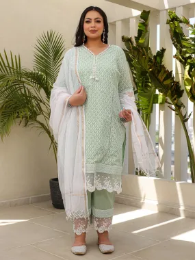 Juniper The Rooh Mint Ethnic Printed & Laced Pure Cotton Plus Size Kurta Palazzo & Dupatta Set With Lining & Kota Doria Dupatta