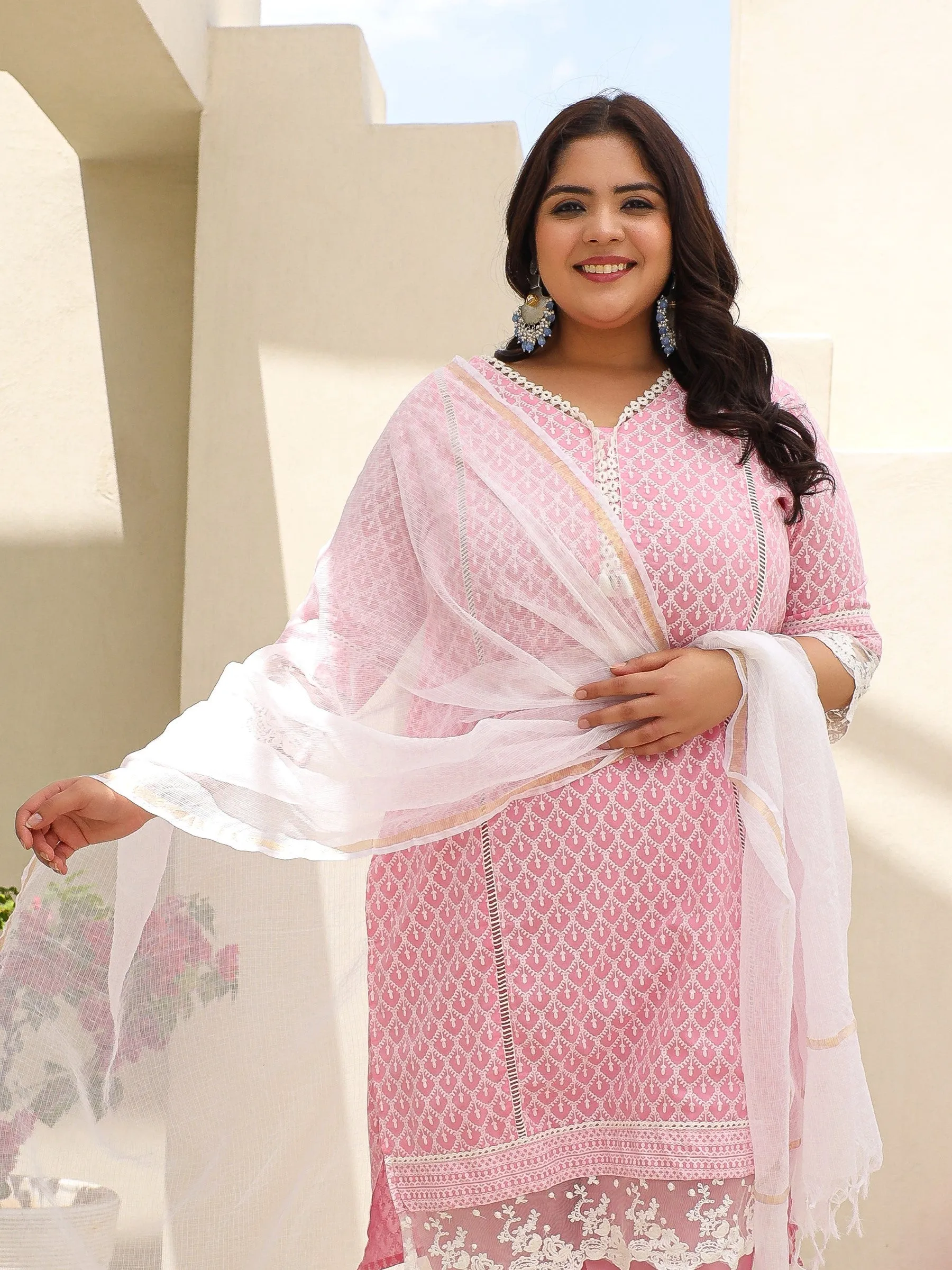 Juniper The Rooh Pink Ethnic Printed & Laced Pure Cotton Plus Size Kurta Palazzo & Dupatta Set With Lining & Kota Doria Dupatta