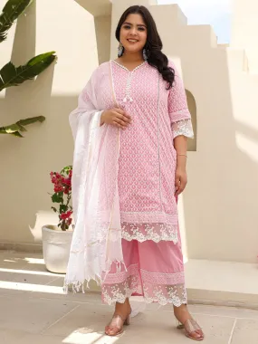 Juniper The Rooh Pink Ethnic Printed & Laced Pure Cotton Plus Size Kurta Palazzo & Dupatta Set With Lining & Kota Doria Dupatta