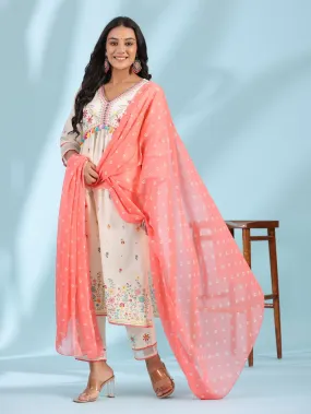 Juniper  White Pure Cotton Floral Print Alia Cut Lacy Kurta With Pant & Dupatta Set With Tassel