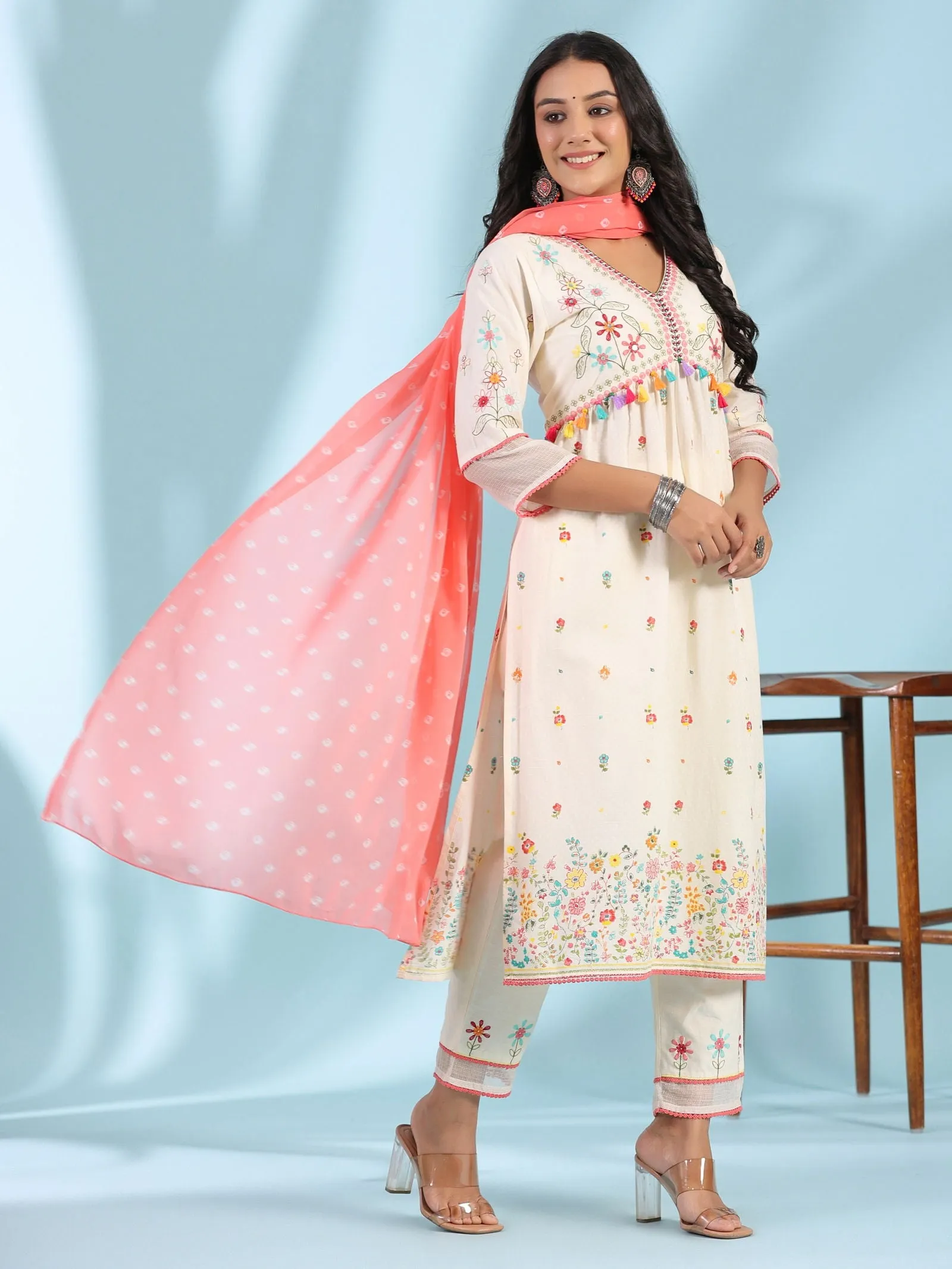 Juniper  White Pure Cotton Floral Print Alia Cut Lacy Kurta With Pant & Dupatta Set With Tassel