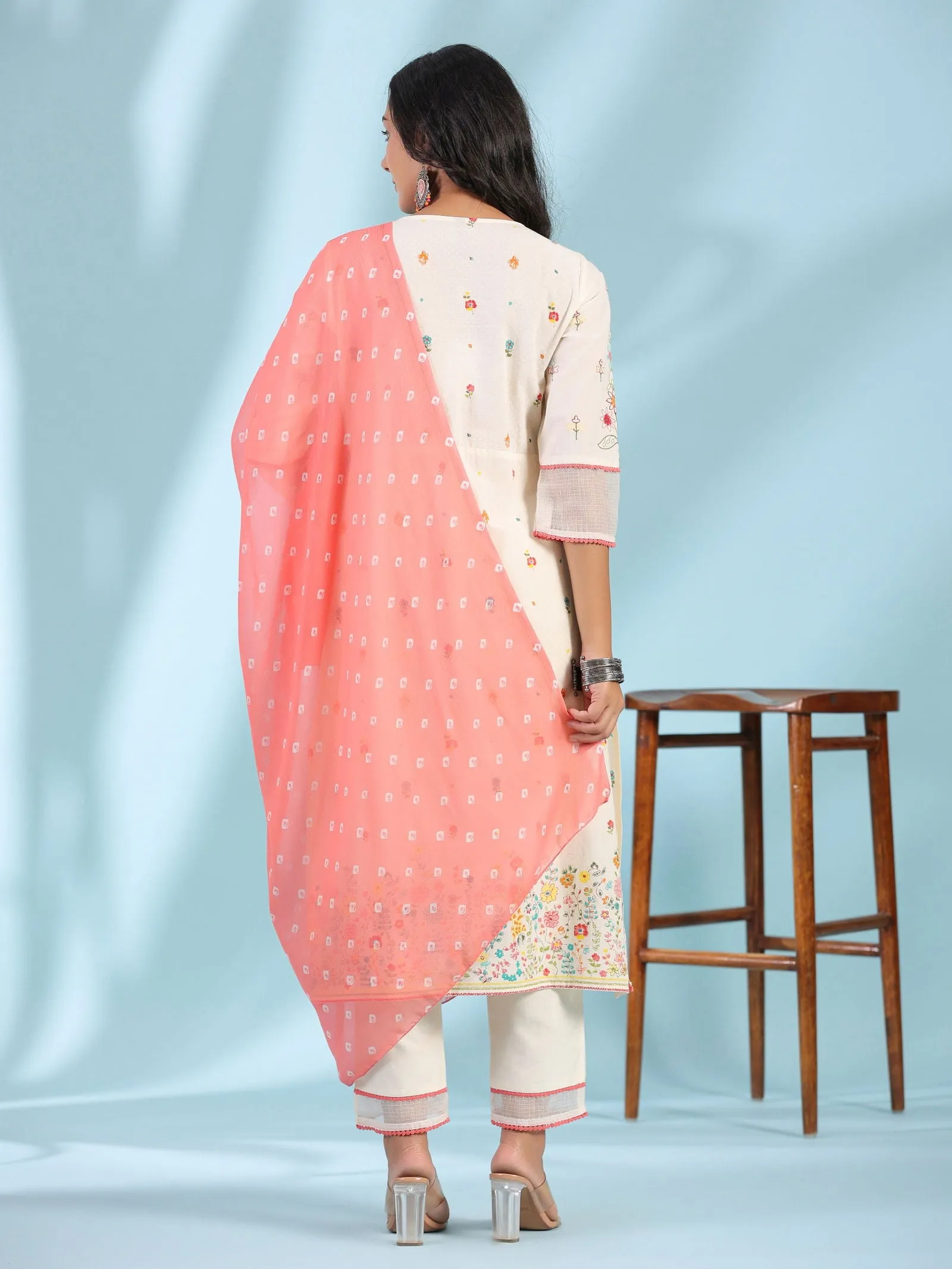 Juniper  White Pure Cotton Floral Print Alia Cut Lacy Kurta With Pant & Dupatta Set With Tassel