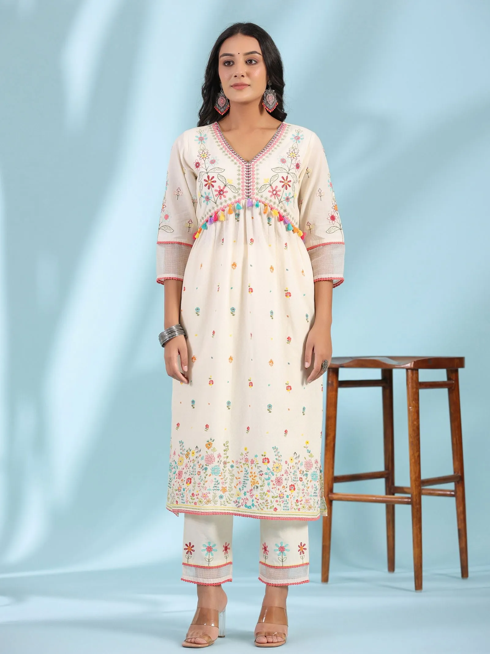 Juniper  White Pure Cotton Floral Print Alia Cut Lacy Kurta With Pant & Dupatta Set With Tassel