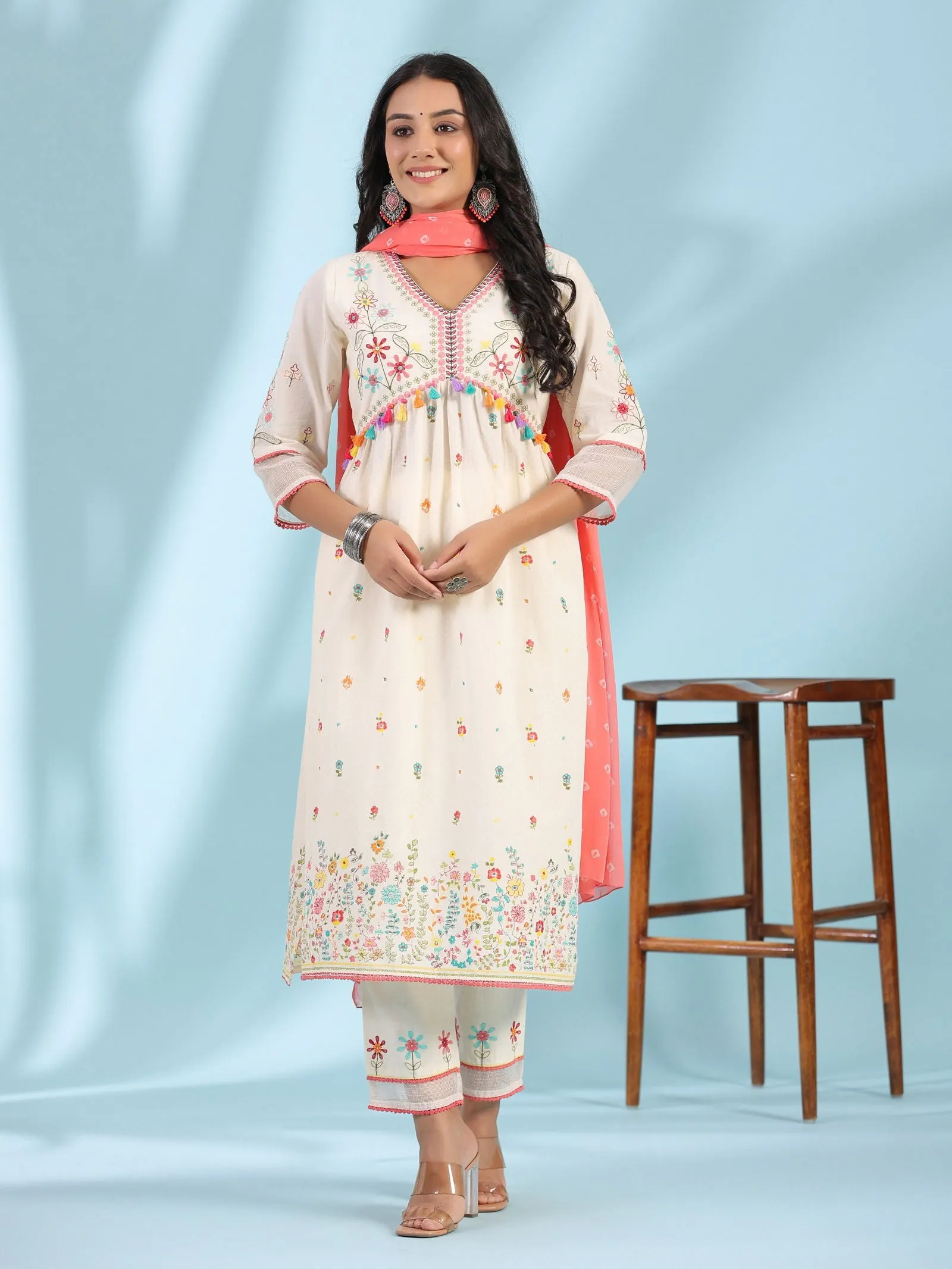 Juniper  White Pure Cotton Floral Print Alia Cut Lacy Kurta With Pant & Dupatta Set With Tassel