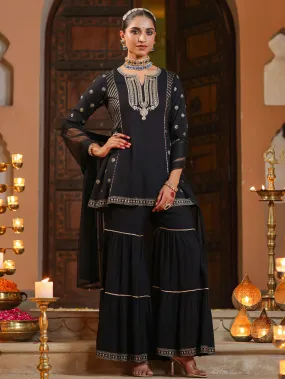 Juniper Women Black Rayon Printed Kurta, Sharara & Dupatta Set