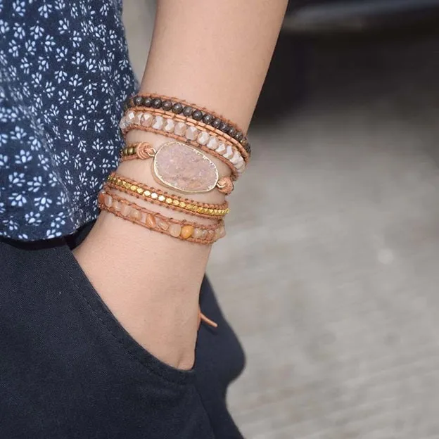 Natural Peach Delight Gold Gilded Stone Beaded Wrap Bracelet