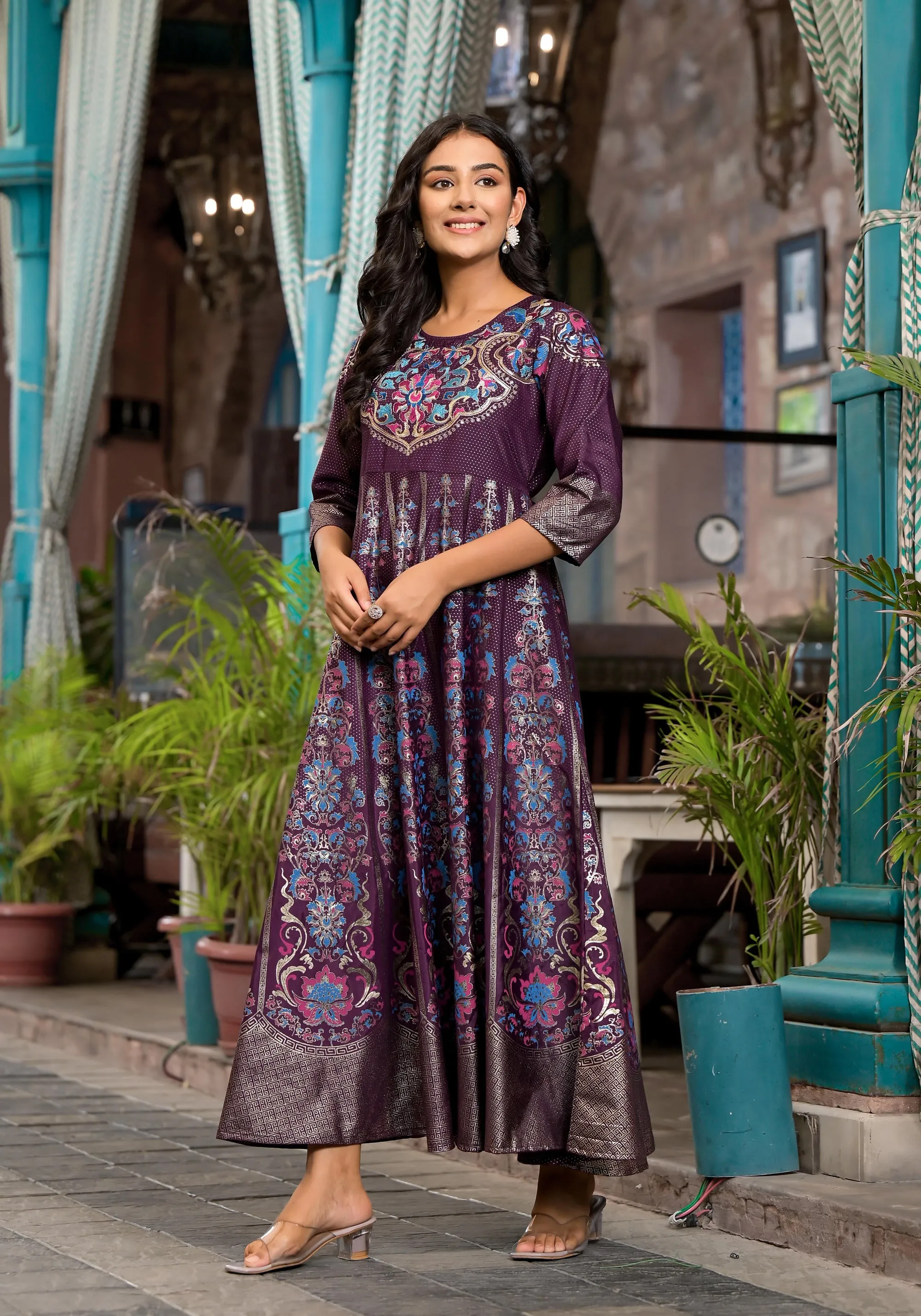 Plum Ethnic Motif Printed Santoon Dress With Thread & Zari Work