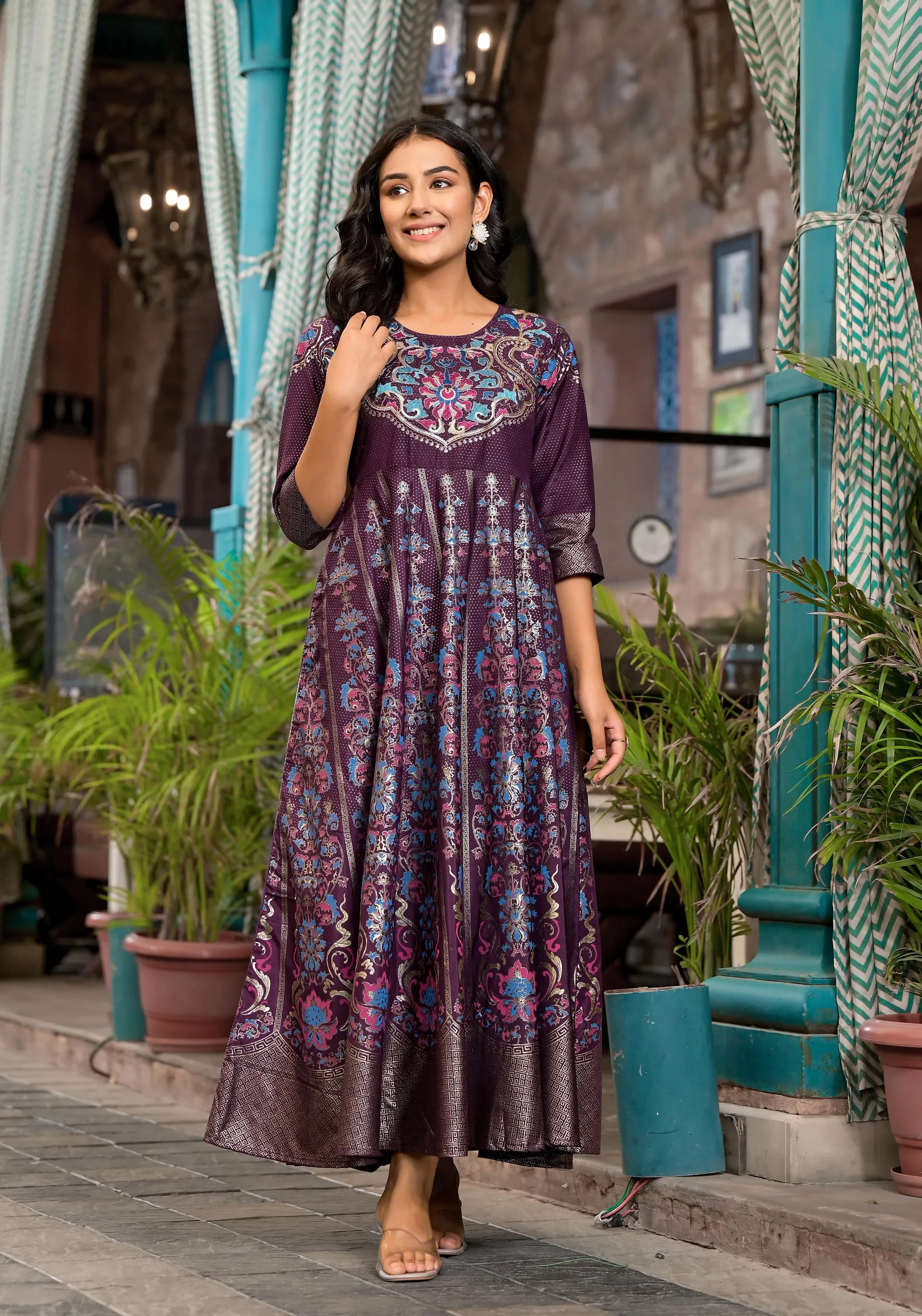 Plum Ethnic Motif Printed Santoon Dress With Thread & Zari Work