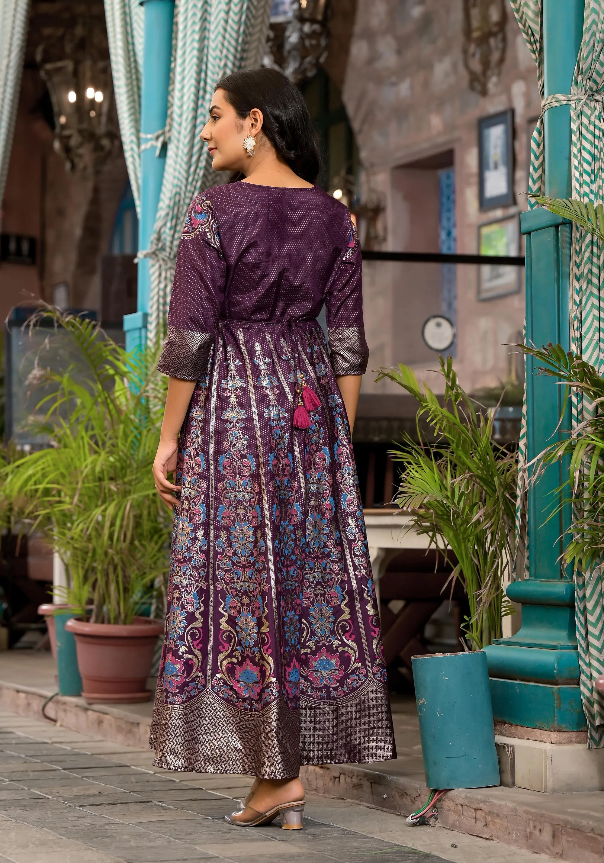 Plum Ethnic Motif Printed Santoon Dress With Thread & Zari Work