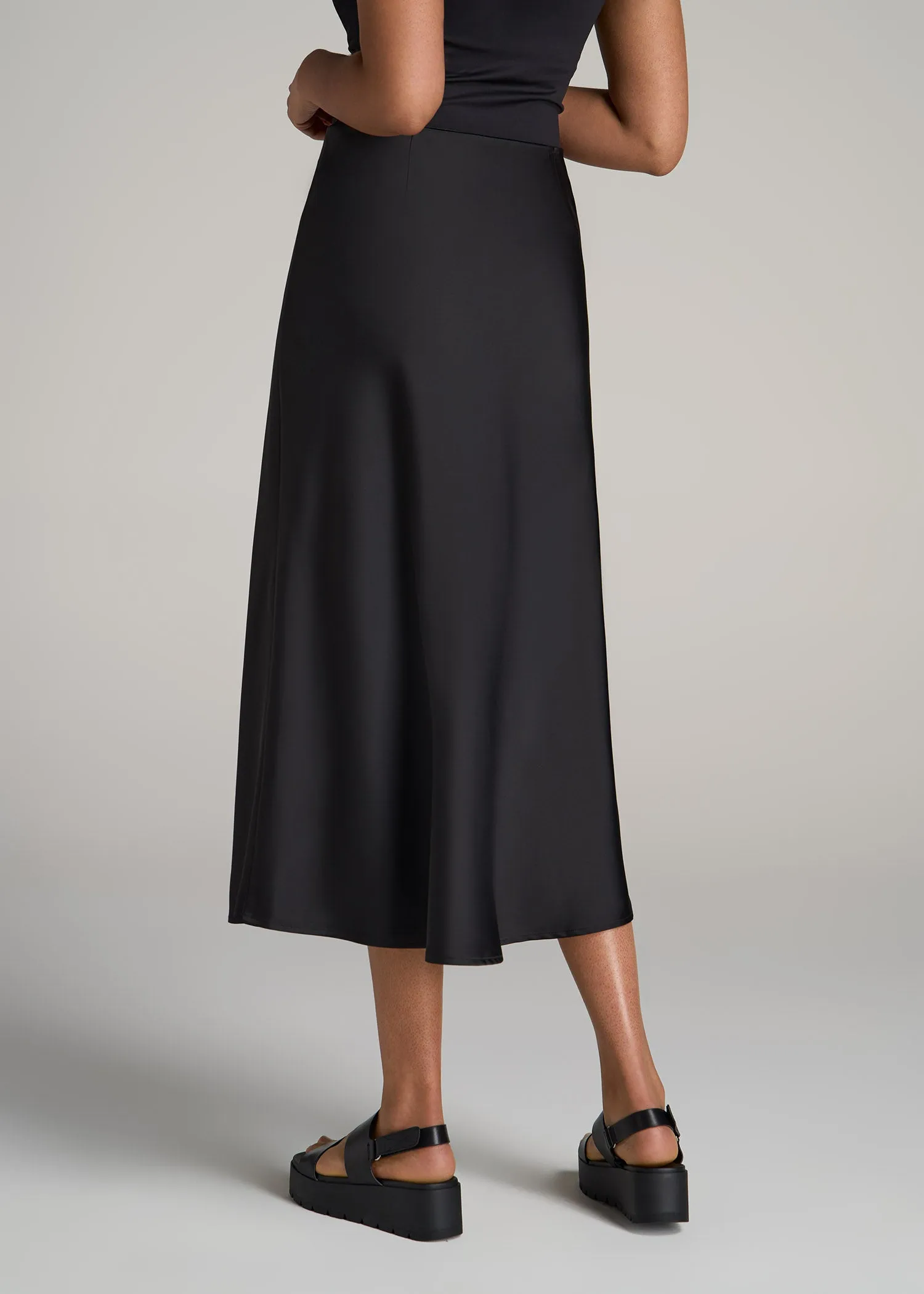 Pull-On Satin Midi Skirt for Tall Women in Black