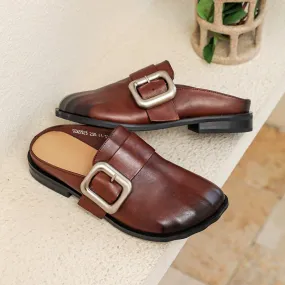 Retro Leather Mules Summer Slippers with Buckle Handmade Slide Sandals in Coffee/Black