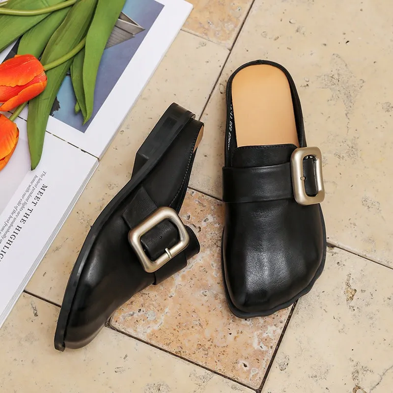 Retro Leather Mules Summer Slippers with Buckle Handmade Slide Sandals in Coffee/Black