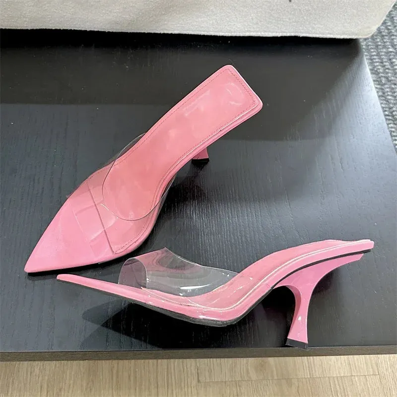 Summer Street Style PVC Transparent Highs Pointed Toe Women Slippers Fashion Party Shoes Low Heel Pumps